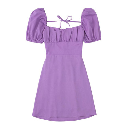 NTG Fad Dress purple / XS Linen Tie Square Neck Slim Balloon Sleeve Solid Color Slim Dress
