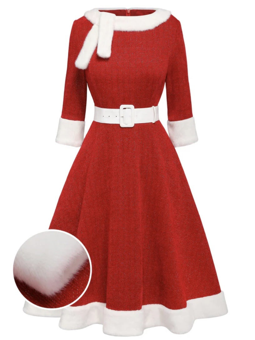 NTG Fad Dress Red / L Christmas fur collar belt slim fit three-quarter sleeve warm dress