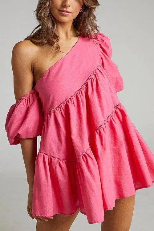NTG Fad DRESS Rose / S Cotton Linen Puff Sleeve Off Shoulder Dress