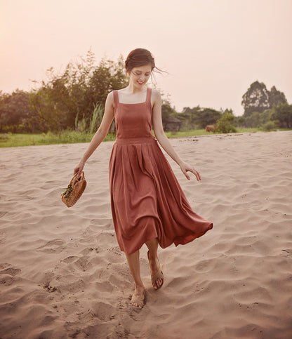 NTG Fad Dress Rust red / S Backless apron linen dress (HAND MADE)