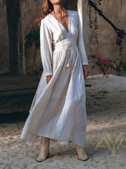 NTG Fad Dress S / Beige Off-White Boho Dress-（Hand Made）