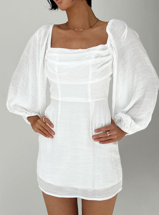 NTG Fad Dress S-(US 4-6) / White Long-Sleeve Boat Neck Panel Wrap Dress-（Hand Made）