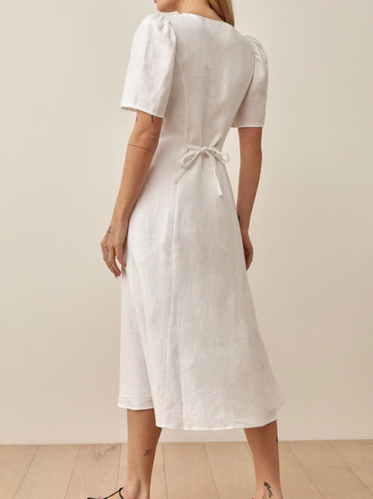 NTG Fad DRESS Short Sleeve Buttoned Linen Dress-(Hand Made)