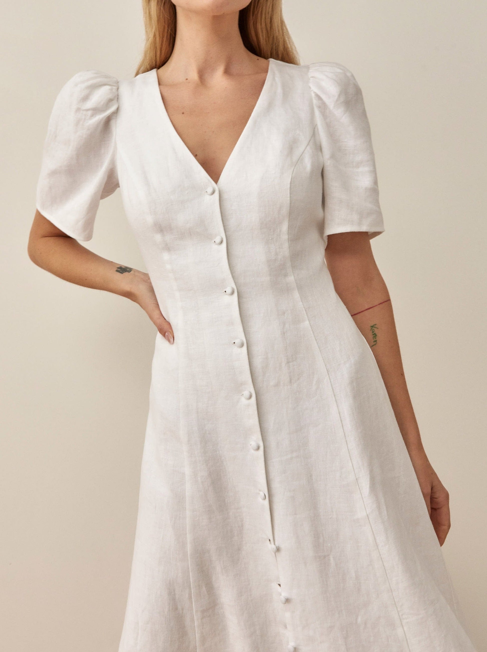 NTG Fad DRESS Short Sleeve Buttoned Linen Dress-(Hand Made)