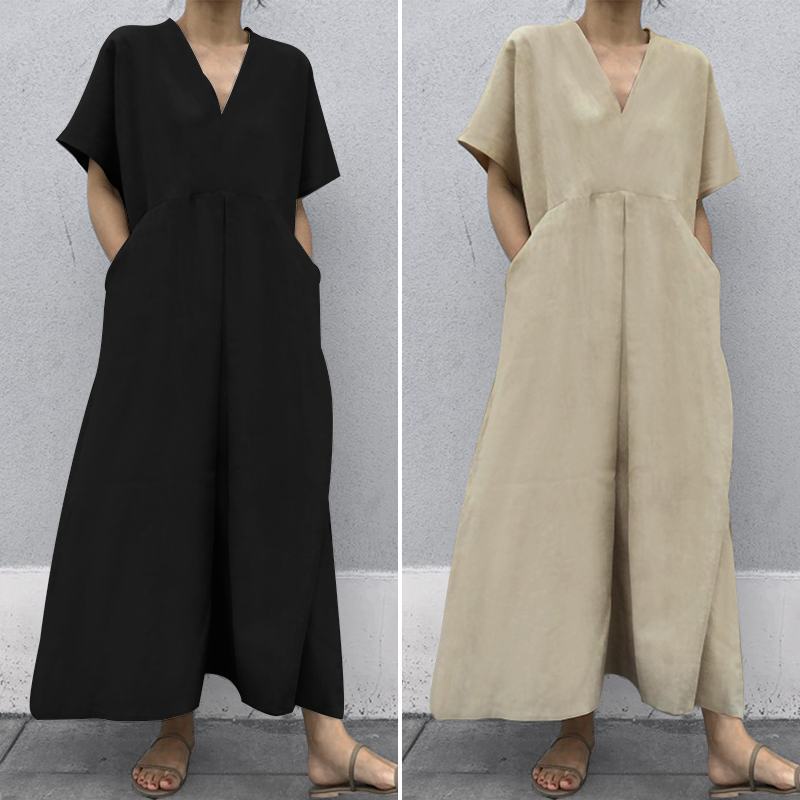 NTG Fad DRESS Short Sleeve Solid Color V-Neck Large Pocket Linen Dress