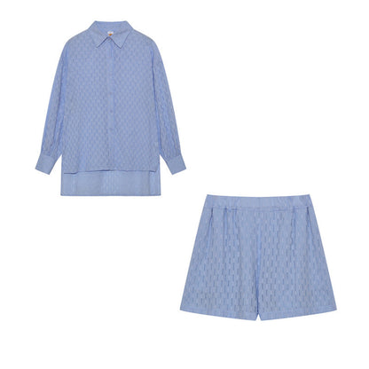 NTG Fad DRESS Sky blue / S Jacquard Puff Sleeve Shirt Top Shorts Commuter Casual Suit
