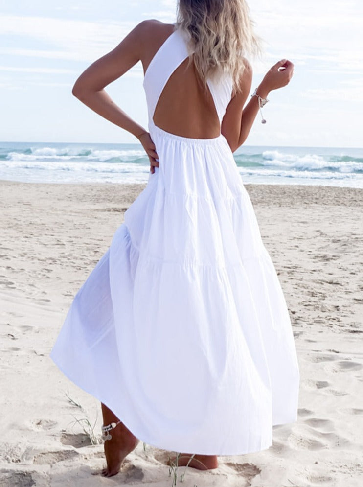 NTG Fad Dress Sleeveless Halter Neck V Neck Sexy Backless Beach Long Swing Skirt