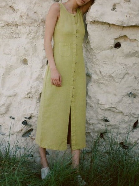 NTG Fad Dress Sleeveless round neck slit button dress-（Hand Made）