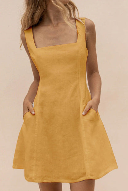 NTG Fad Dress Spaghetti Strap Square Neck Casual Belted Pocket Mini Dress