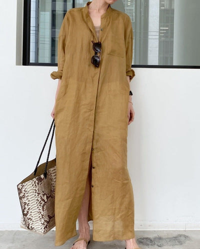 NTG Fad DRESS Tan / One Size Solid Color Linen Loose Thin Dress