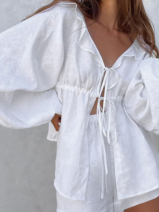 NTG Fad Dress White / L Cotton linen V-neck ruffled two-piece set