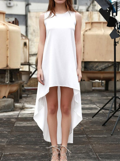 NTG Fad DRESS White / L Cotton Pullover Retro Solid Color Sleeveless Round Neck Irregular Dress