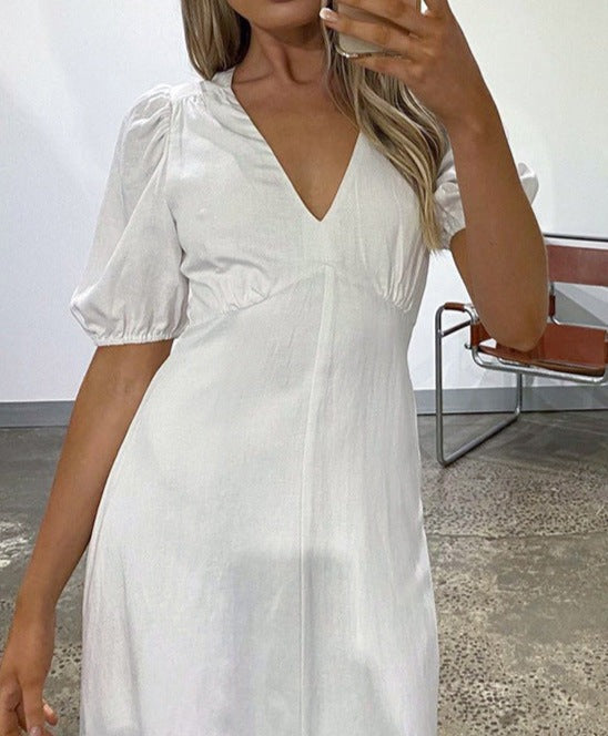NTG Fad Dress White / L V-neck short-sleeve slim dress