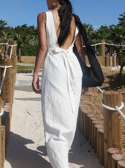 NTG Fad Dress white / M Backless Beach Resort Cotton Linen Slit Waist Dress