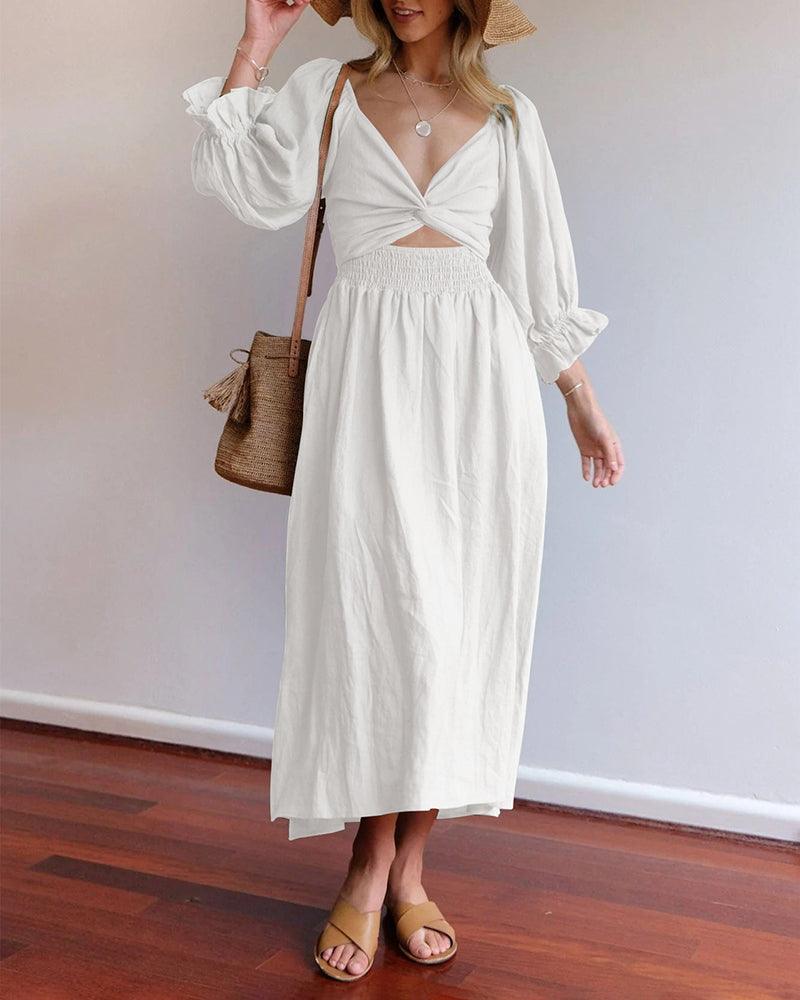 NTG Fad Dress White / S(4-6) Ruffled Lantern Sleeve Multi-Wear Elegant Midi Dress