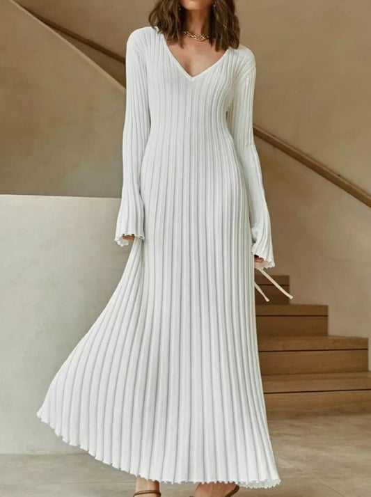 NTG Fad Dress white / S Casual waist V-neck large pit strip slim knitted dress