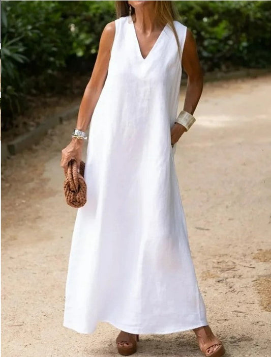 NTG Fad DRESS White / S Cotton Linen Deep V Sleeveless Long Dress