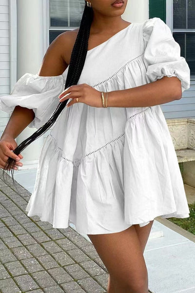 NTG Fad DRESS White / S Cotton Linen Puff Sleeve Off Shoulder Dress