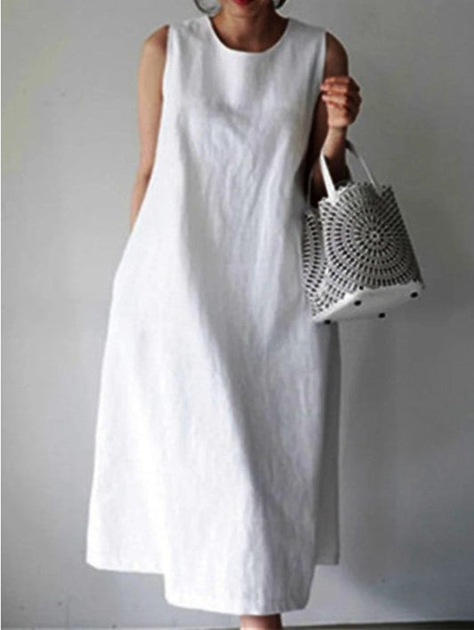 NTG Fad DRESS White / S Cotton Linen Sleeveless Round Neck Loose Long Dress