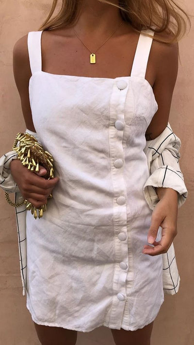 NTG Fad Dress white / S Cotton linen slim button sundress-（Hand Made）