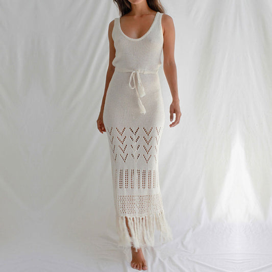 NTG Fad Dress White / S Cutout lace-up fringed bikini cover-up beach maxi skirt