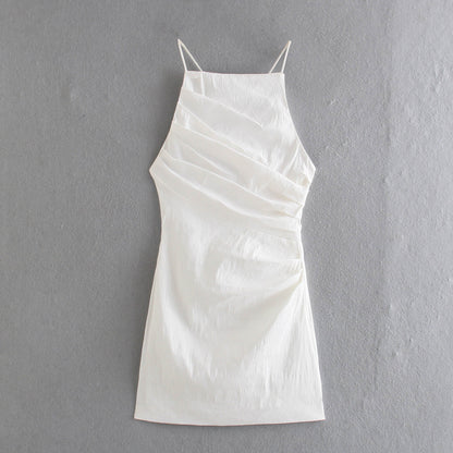 mysite White / S ebay Amazon linen pleated dress 2021 new European and American slim waist slim sexy hip skirt for women