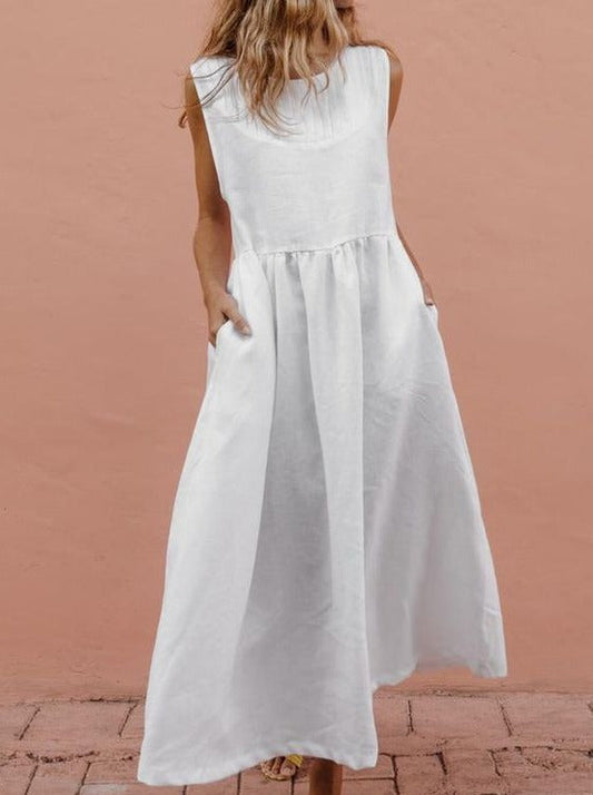 NTG Fad DRESS White / S Linen Pleated Dress-(Hand Made)