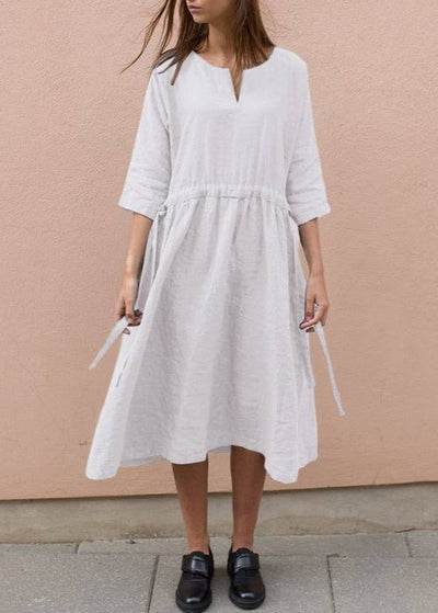 NTG Fad DRESS White / S New style V-neck cotton and linen mid-sleeved dress