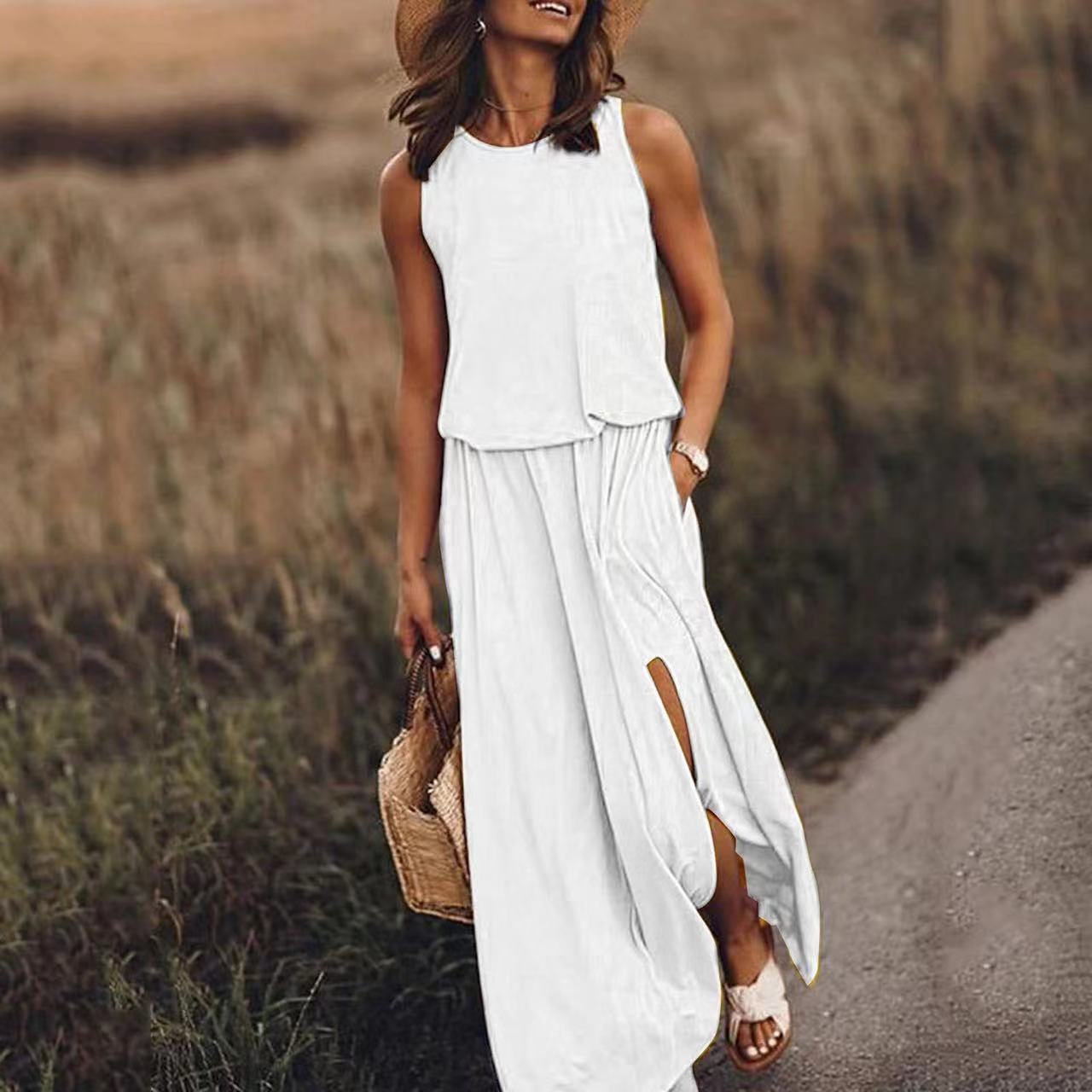 NTG Fad Dress White / S Round neck sleeveless slit solid color dress