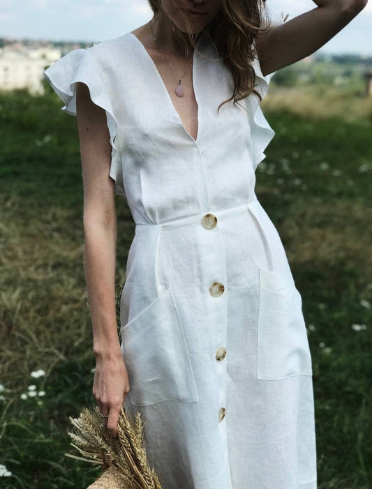 NTG Fad DRESS White / S Simple Romantic Linen Dress-(Hand Made)
