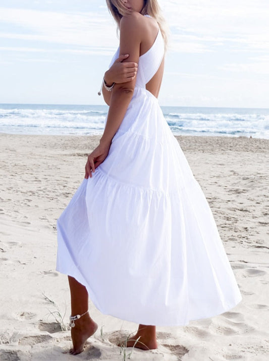 NTG Fad Dress white / S Sleeveless Halter Neck V Neck Sexy Backless Beach Long Swing Skirt