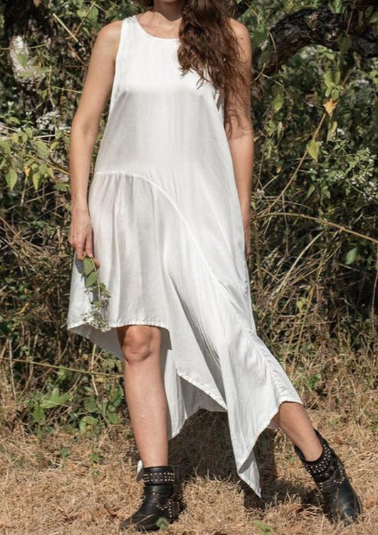 NTG Fad DRESS White / S Solid Color Sleeveless Irregular Slit Dress
