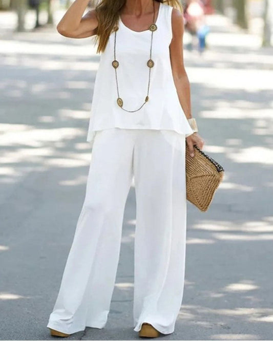 NTG Fad Dress White / S Two-Piece Set Casual Solid Color Vest Sleeveless Top Loose Wide Leg Pants