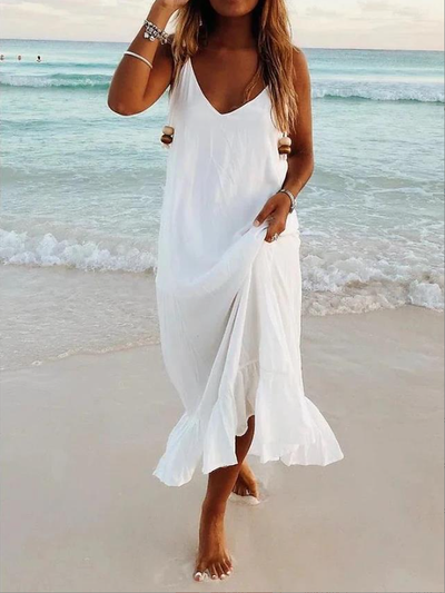 NTG Fad DRESS White / S V Neck Backless Strap Beach Vacation Boho Dress