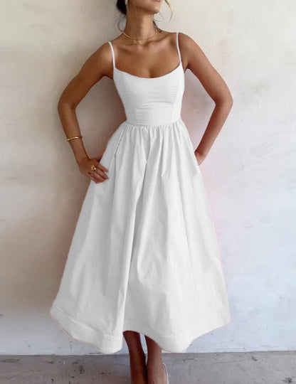 NTG Fad Dress white / S V Neck Pleated Waist Swing Sling Dress
