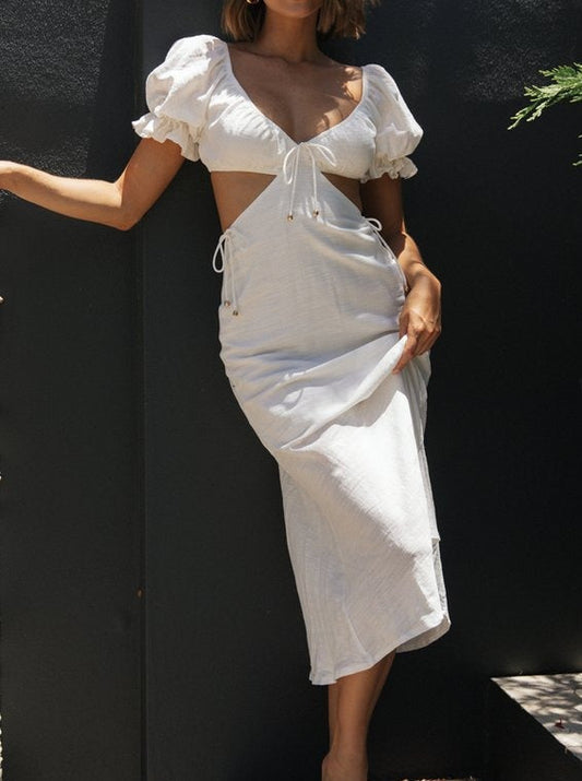 NTG Fad Dress white / S V-Neck Princess Sleeves Open-Waist Long Dress