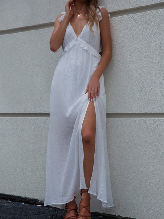 NTG Fad Dress White / S V-neck sexy backless bow slit dress