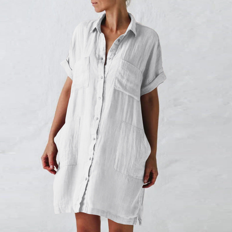 NTG Fad dress White / XL Cotton And Linen Long Sleeve Dress With Irregular Pockets