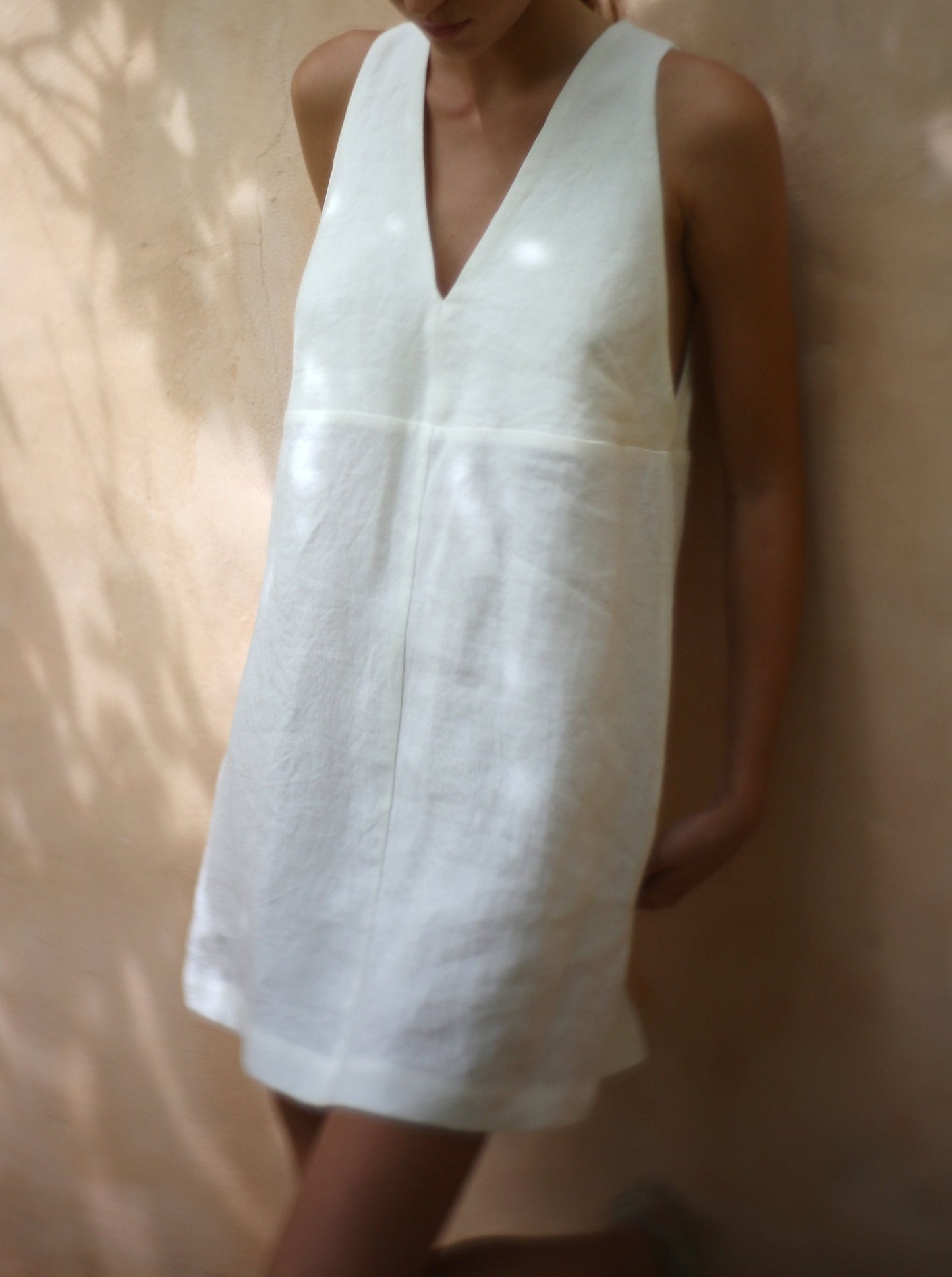 NTG Fad Dress White / XS Linen cotton V-neck patchwork A-line dress-（Hand Made）