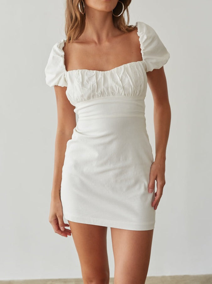 NTG Fad Dress white / XS Linen Tie Square Neck Slim Balloon Sleeve Solid Color Slim Dress