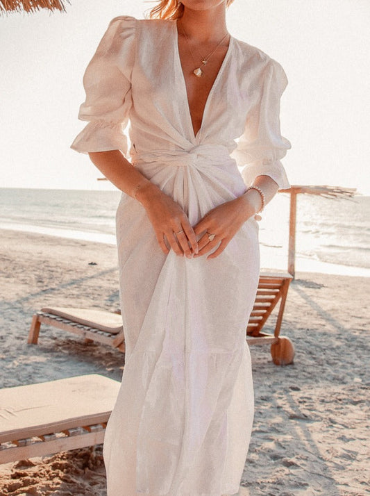 NTG Fad Dress white / XS Long Wrap Dress - White Linen-（Hand Made）