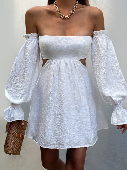 NTG Fad Dress white / XS One Shoulder Lantern Long Sleeve Hollow Dress