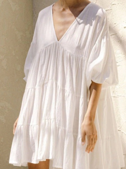 NTG Fad DRESS White / XS Pure Cotton Short Holiday Style V-Neck Puff Sleeve Dress