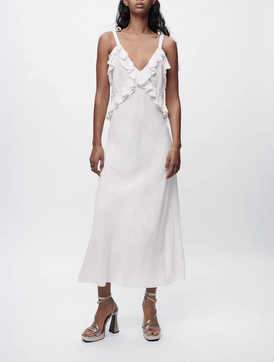 NTG Fad Dress white / XS V-neck strappy linen-blend tiered dress