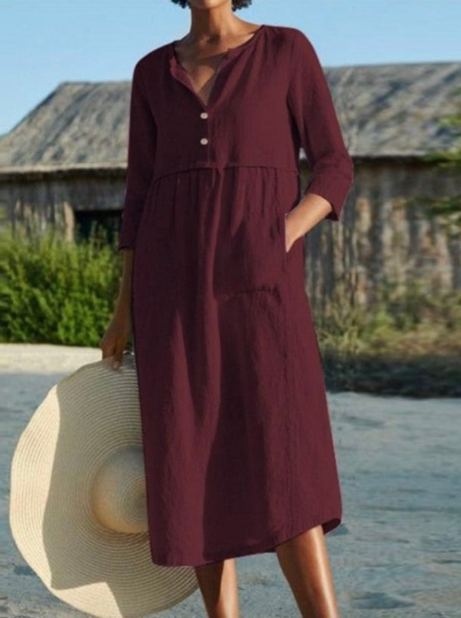 NTG Fad DRESS Wine Red / M Round Neck Button Pocket Cotton Linen Long Sleeve Solid Color Dress