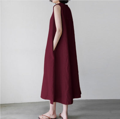 NTG Fad DRESS Wine Red / S Cotton Linen Sleeveless Round Neck Loose Long Dress