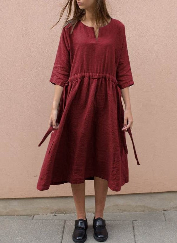 NTG Fad DRESS Wine Red / S New style V-neck cotton and linen mid-sleeved dress