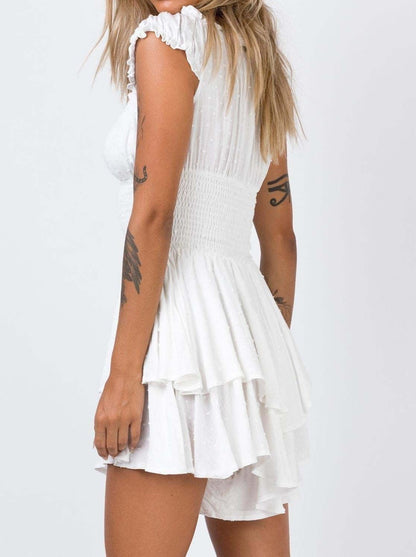 NTG Fad Dress Wrapped chest short-sleeved one-shoulder cotton and linen embroidered skirt