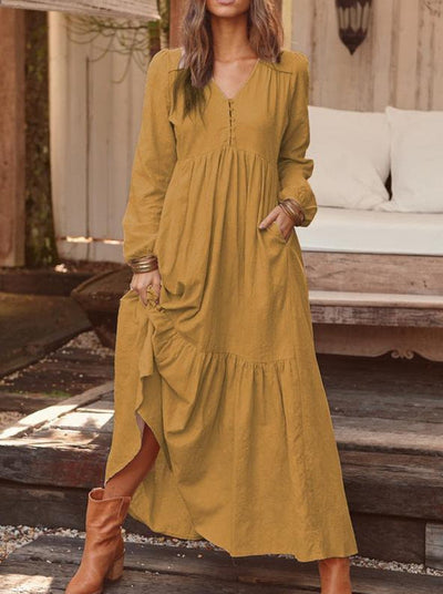 NTG Fad DRESS Yellow Brown / S Cotton and Linen Retro Casual Long-sleeved Swing Dress