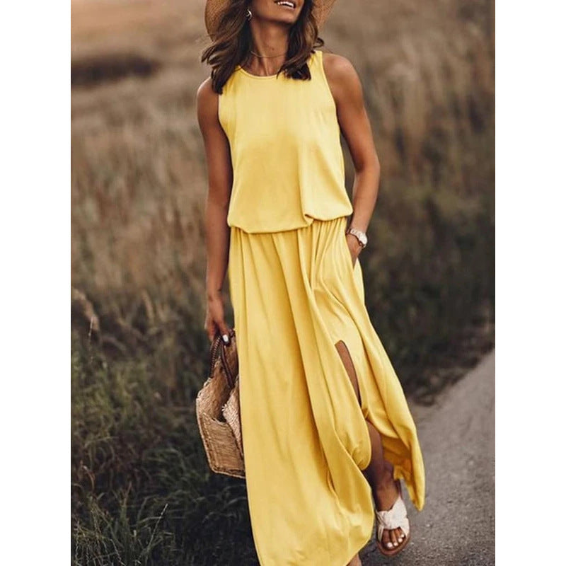 NTG Fad Dress Yellow / S Round neck sleeveless slit solid color dress